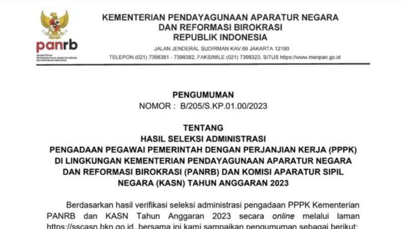Nama Calon PPPK Teknis yang Dinyatakan Lolos Seleksi Administrasi di Instansi KemenPAN RB 