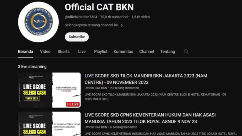 Link Live Streaming YouTube Hasil Ujian SKD CPNS 2023